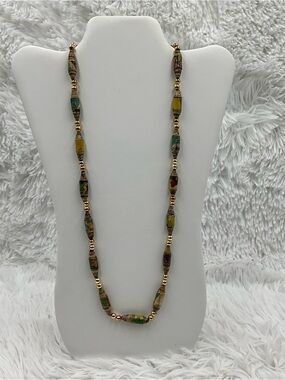 Multicolor Recycled Paper Bead Necklace with Gold Tone Accent Spaces Beads